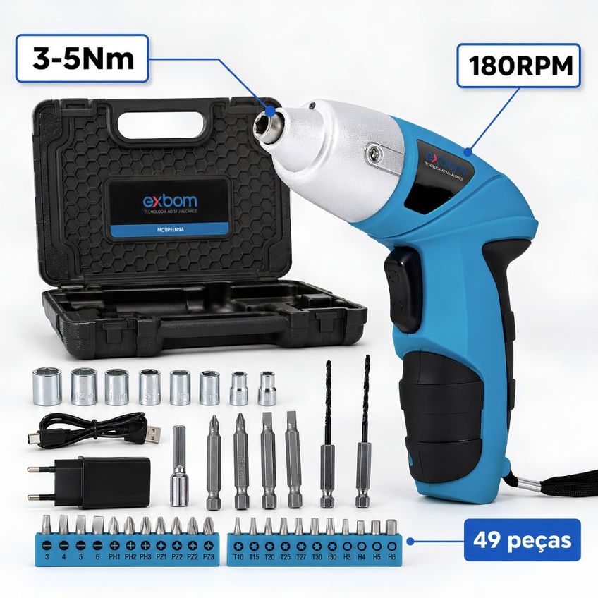 Mini Parafusadeira Sem Fio Recarregável 4.8v 49 Peças Exbom Tipo C C/ Maleta 180 Rpm - imagem 2