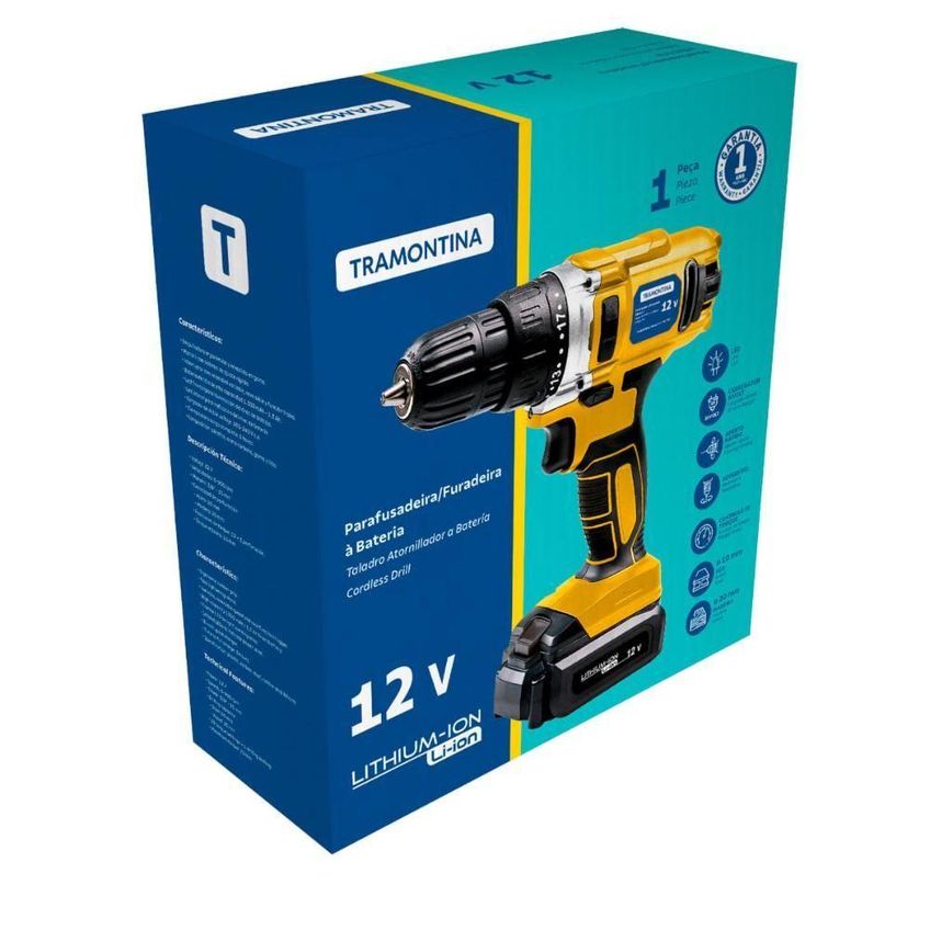 PARAFUSADEIRA FURADEIRA À BATERIA TRAMONTINA PROFISSIONAL 12V COM CARREGADOR E LED BIVOLT - imagem 5