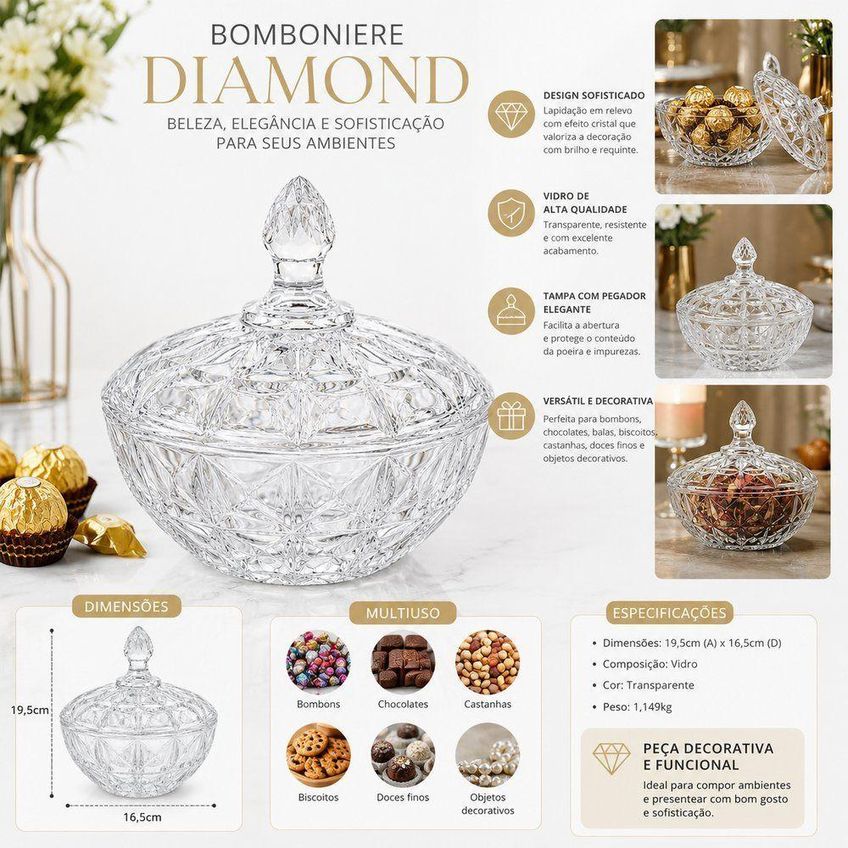 Bomboniere Diamond De Vidro Para Doces Com Tampa Transparente Fratelli 19,5cm - imagem 5