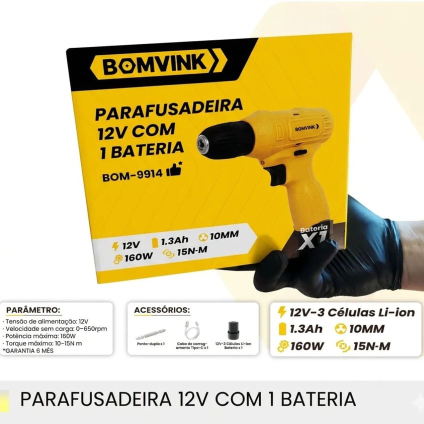 Parafusadeira 1 Bateria 12 Volts 1,3ah 10mm Bom-9914 Bomvink - imagem 5