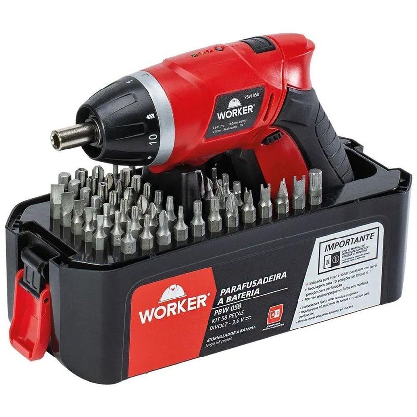 Furadeira E Parafusadeira À Bateria Worker Doméstico Pbw 058 Com 58 Peças 3,6v Bivolt - imagem 4