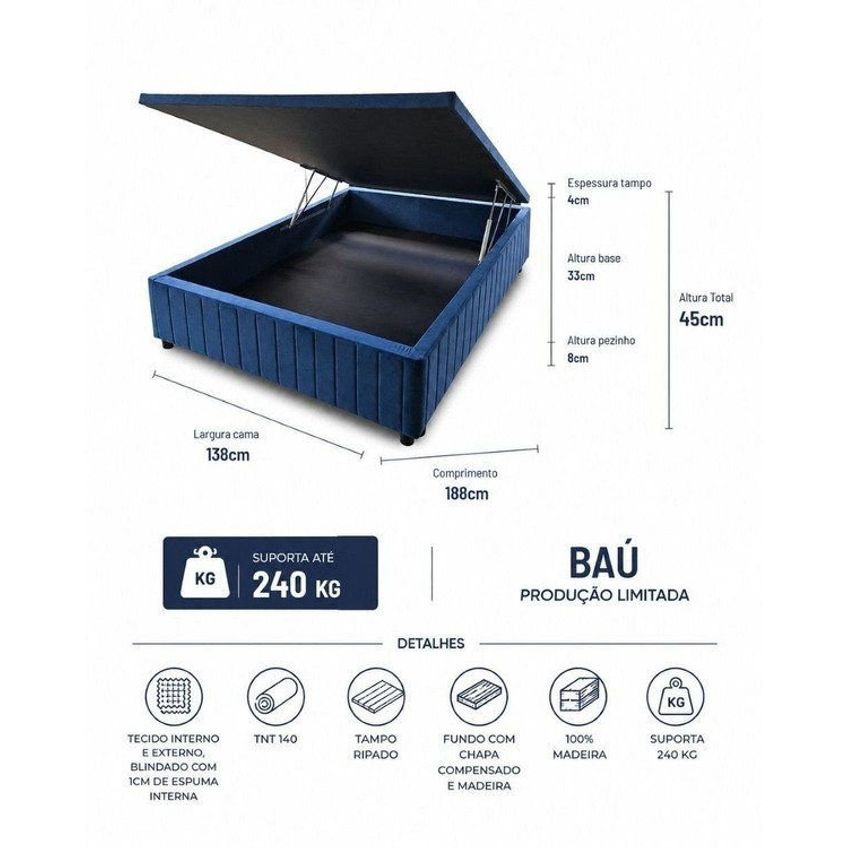Cama Box Baú 138 X 188 Cm Tecido Blindado Com 1cm De Espuma 100% Madeira Série Ouro Cor Azul Azul - imagem 3