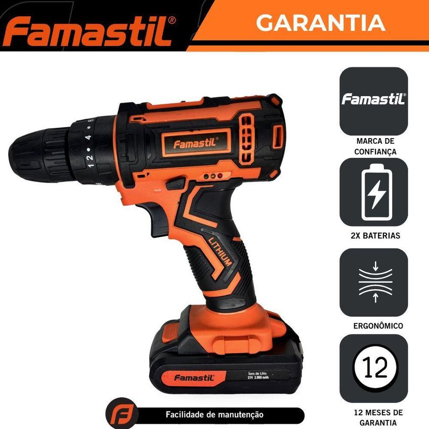 Furadeira E Parafusadeira Impacto Famastil Para Uso Doméstico F2307 210w Inox 21v - imagem 3