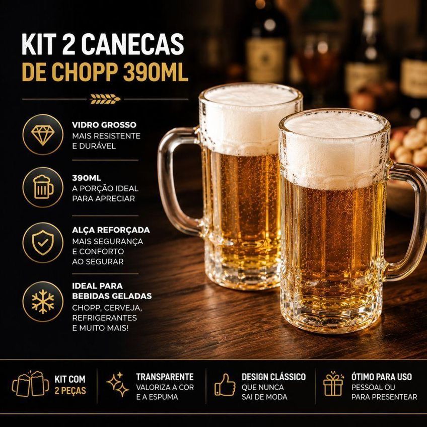 Caneca De Chopp F0217 Vidro Grosso Alça Reforçada Bar E Lazer Transparente Kit Com 2 390ml - imagem 3