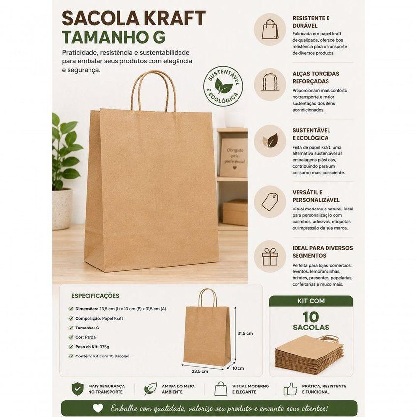 Sacola Papel Kraft G Kit 10 Unidades Parda Marrom 31,5cm Largura 23,5cm Altura 10cm - imagem 3