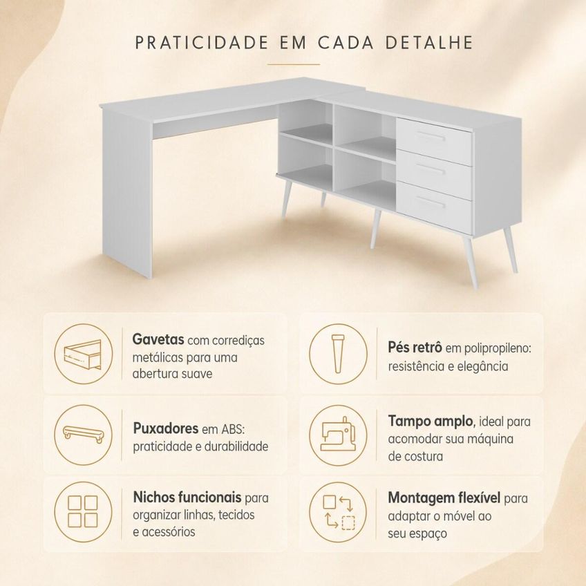 Mesa De Costura Em L Com 3 Gavetas E 4 Nichos Para Artesanato E Ateliê Multimóveis Mp6106 Branco - imagem 3