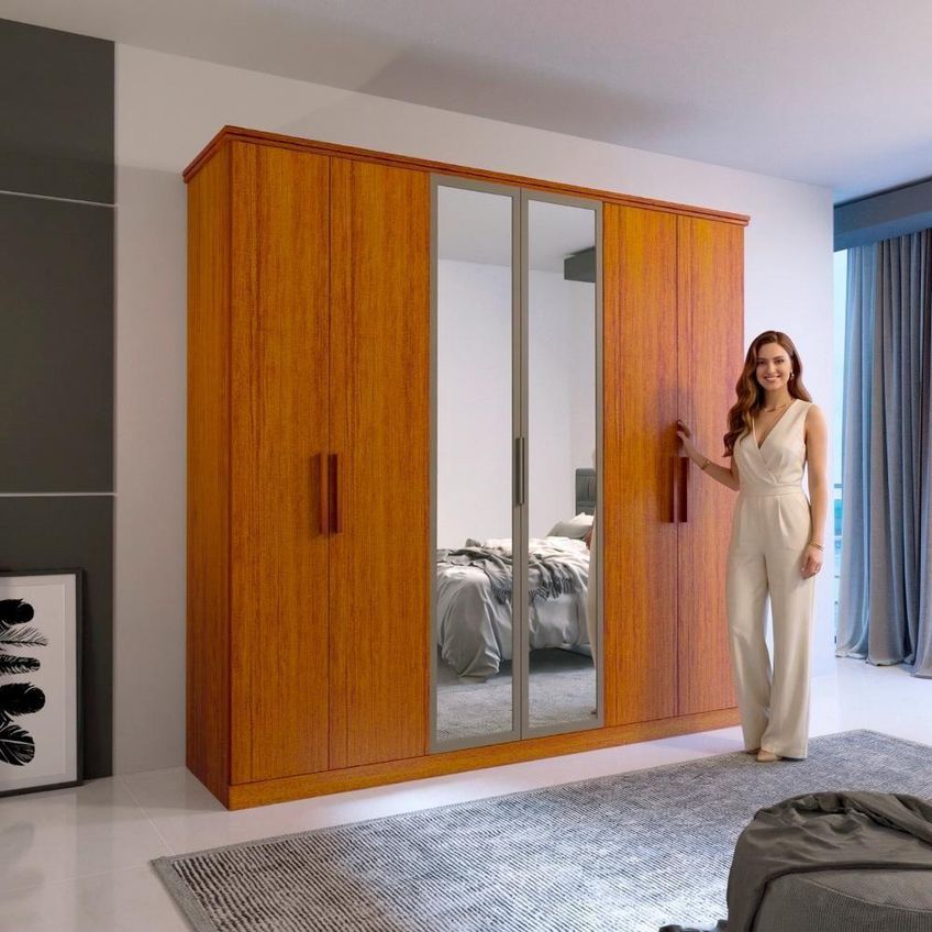 Guarda Roupa Casal Martin 6 Portas De Bater 4 Gavetas Mdf Com Espelho Amadeirado Naturale Bom Pastor - imagem 3