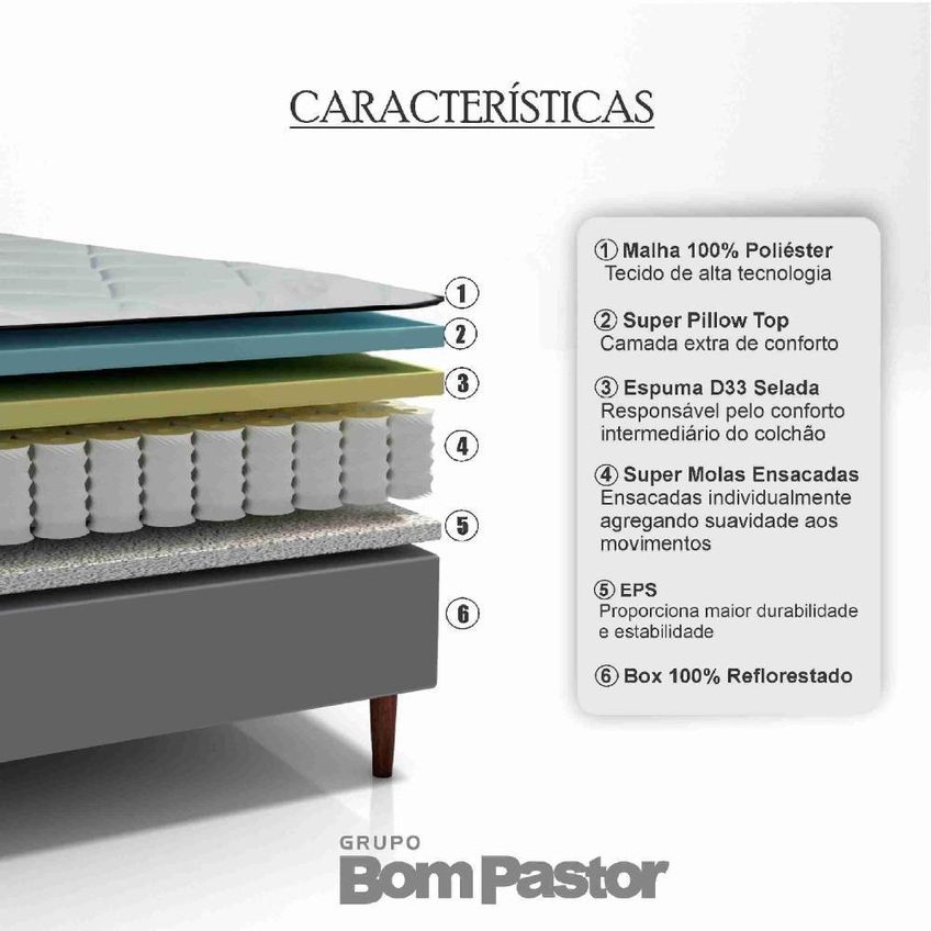 Colchão Solteiro Molas Ensacadas Fiori D33 Pillow Top Americano Bege Bom Pastor - imagem 4
