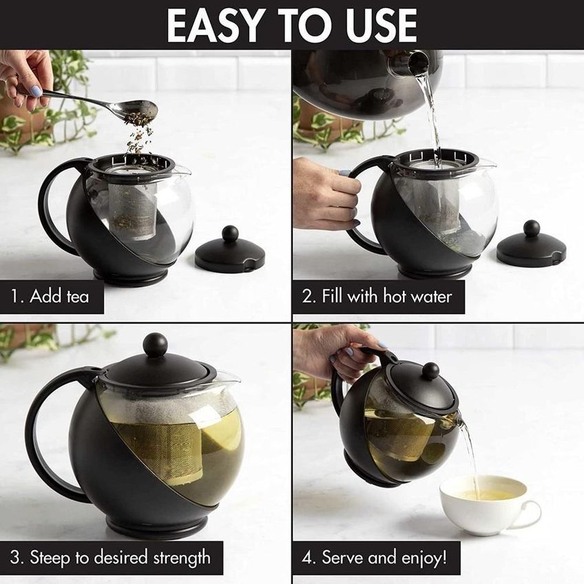 Chaleira Com Infusor Para Chá E Café Jarra De Vidro 1250ml Filtro Removível Coador Grande - imagem 4
