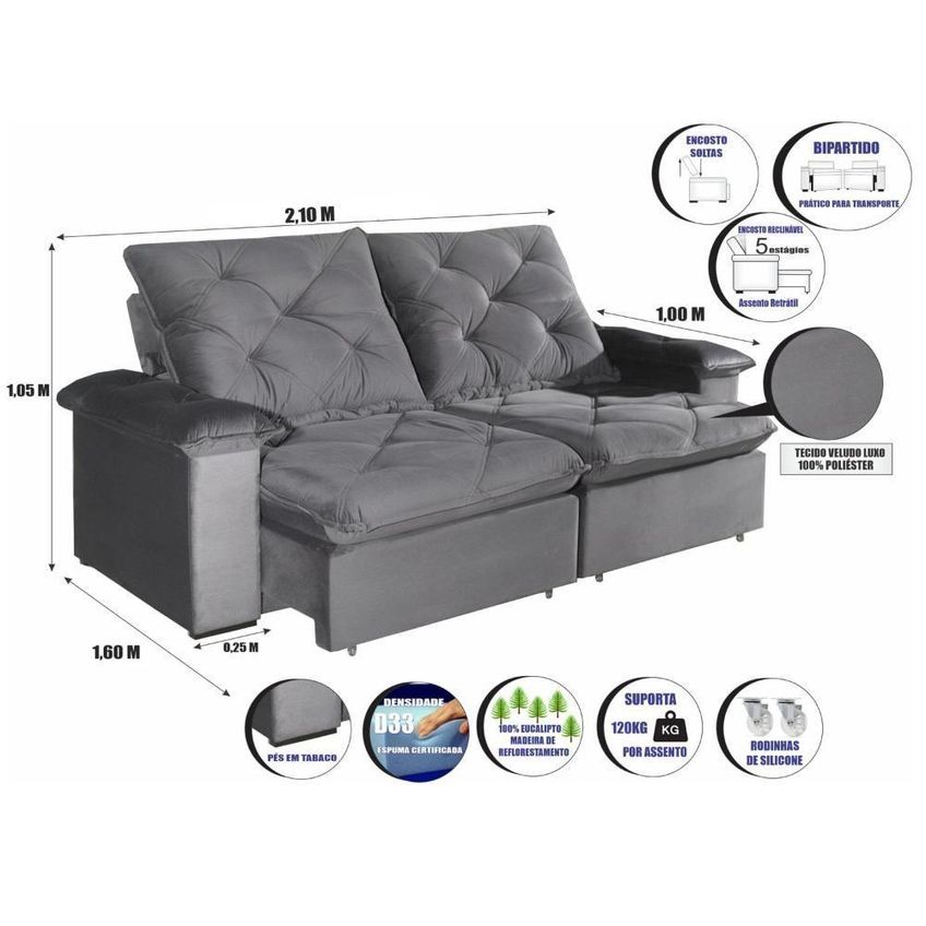 Sofá Com Chaise Canyon 3 Lugares Retrátil E Reclinável 210cm Cinza Veludo Bom Pastor Móveis - imagem 3