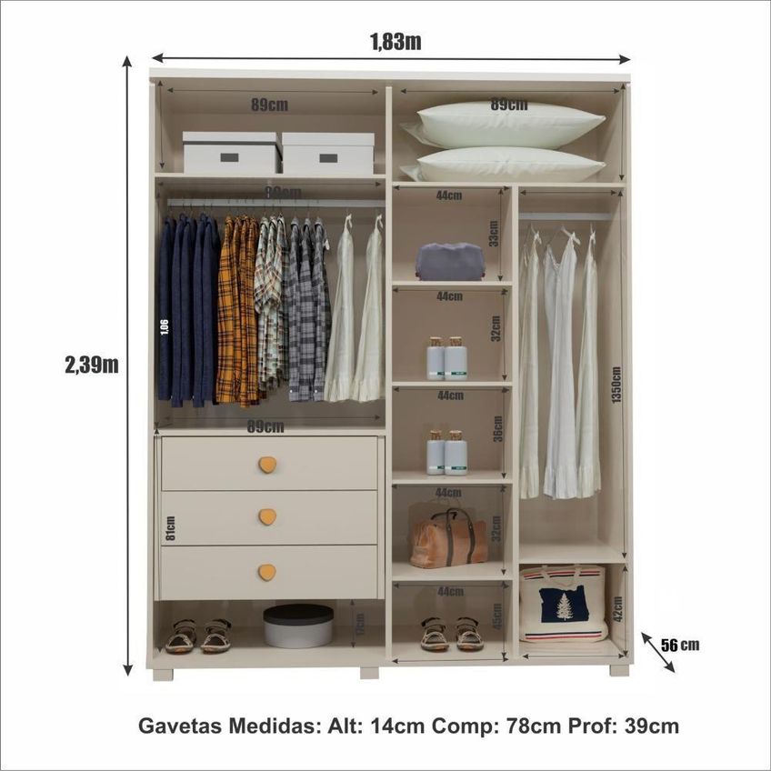 Guarda Roupa Solteiro BP 01 4 Portas de Bater 3 Gavetas MDF Bege - imagem 4