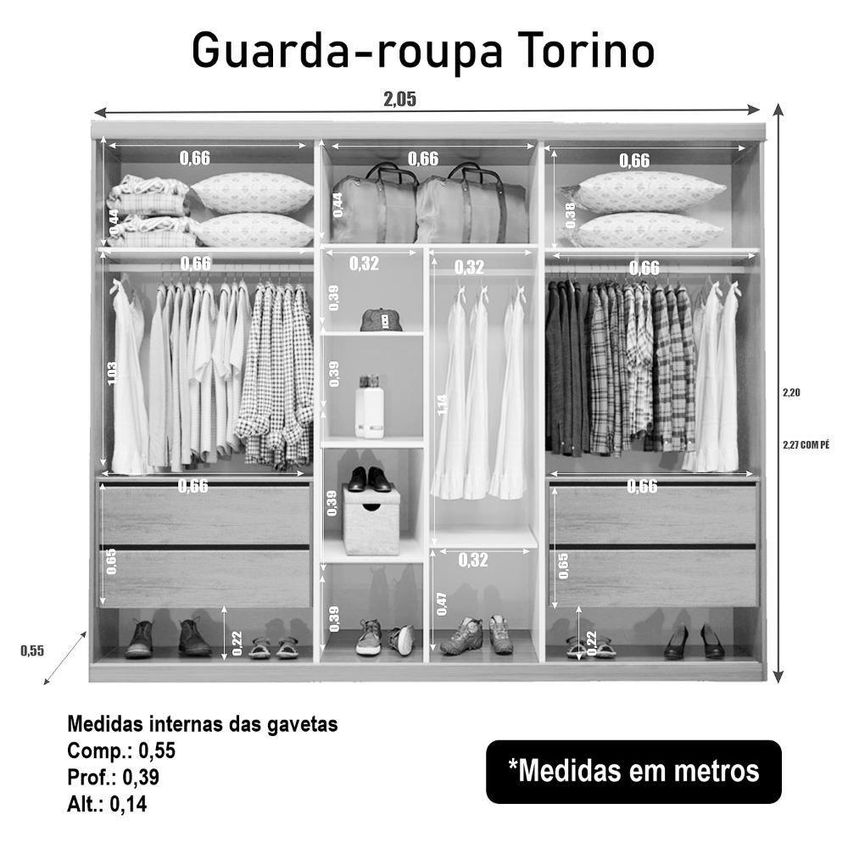 Guarda Roupa Casal Torino C Espelho 3 Portas De Correr 4 Gavetas MDF Amadeirado Naturale Bom Pastor - imagem 3