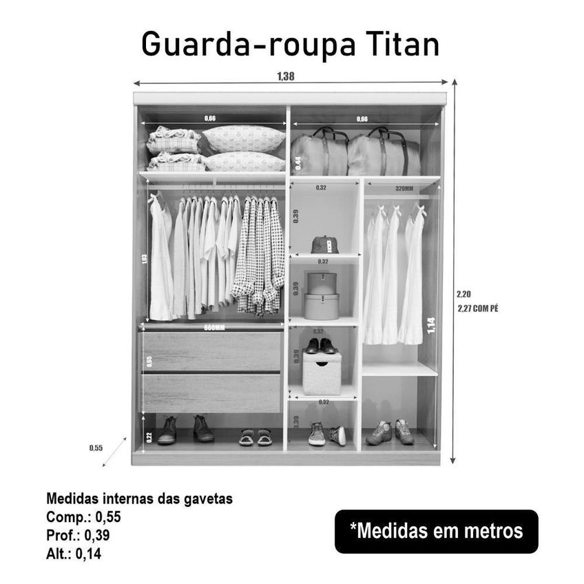 Guarda Roupa Solteiro Titan 2 Portas Correr 2 Gavetas MDF Branco Bom Pastor Móveis 138cm - imagem 3
