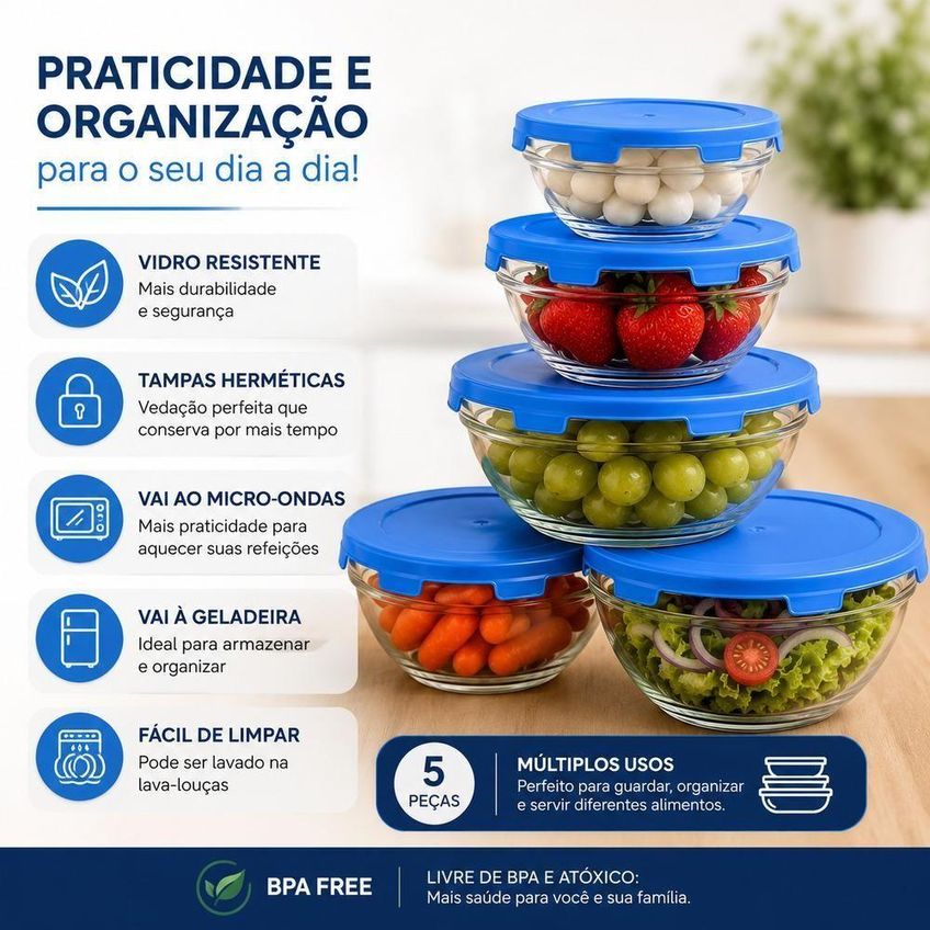 Jogo 5 Potes De Armazenamento Vidro Kit Completo Com Tampas Coloridas Para Geladeira Freezer - imagem 3