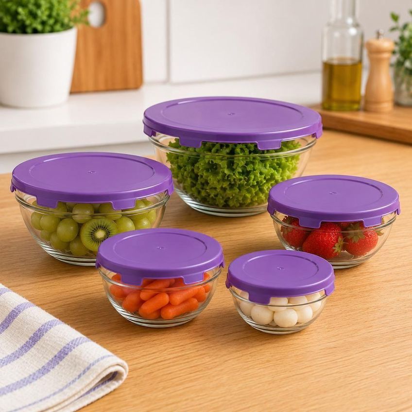 Jogo 5 Potes De Armazenamento Vidro Kit Completo Com Tampas Coloridas Para Geladeira Freezer - imagem 5