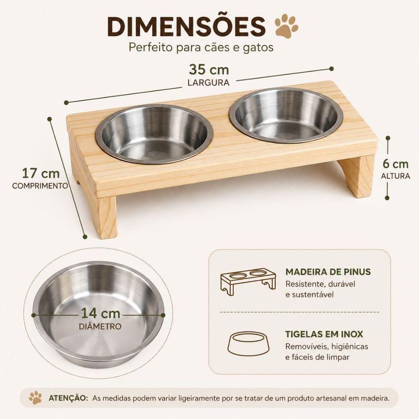 Comedouro E Bebedouro Duplo Yeet Tratador Pet Para Cachorro E Gato Inox E Madeira - imagem 3