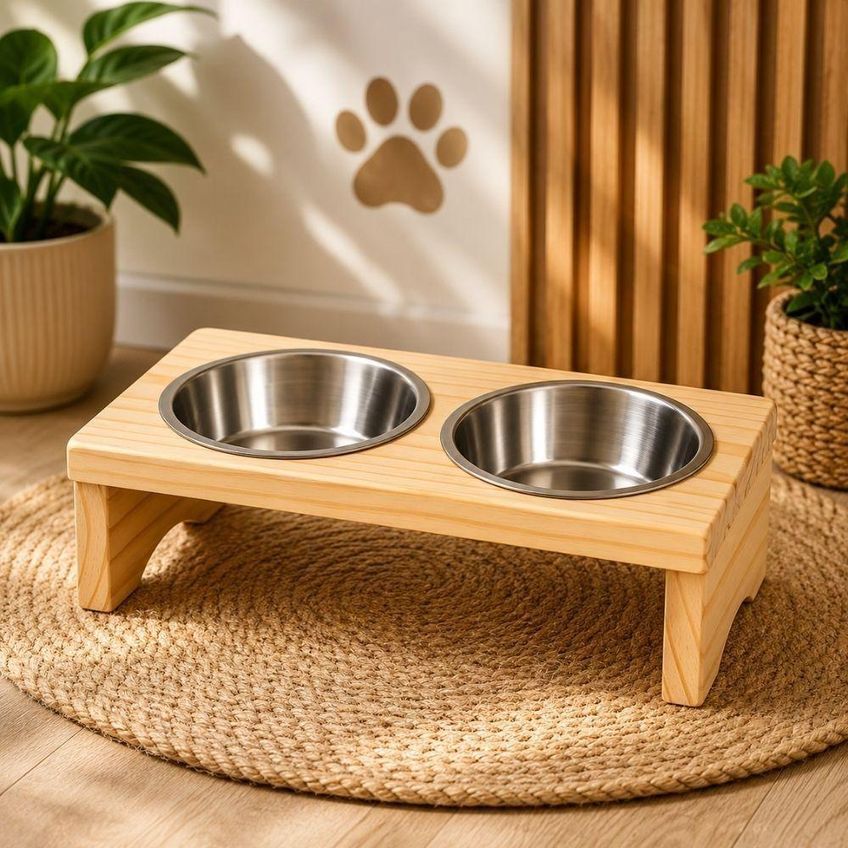 Comedouro E Bebedouro Duplo Yeet Tratador Pet Para Cachorro E Gato Inox E Madeira - imagem 4
