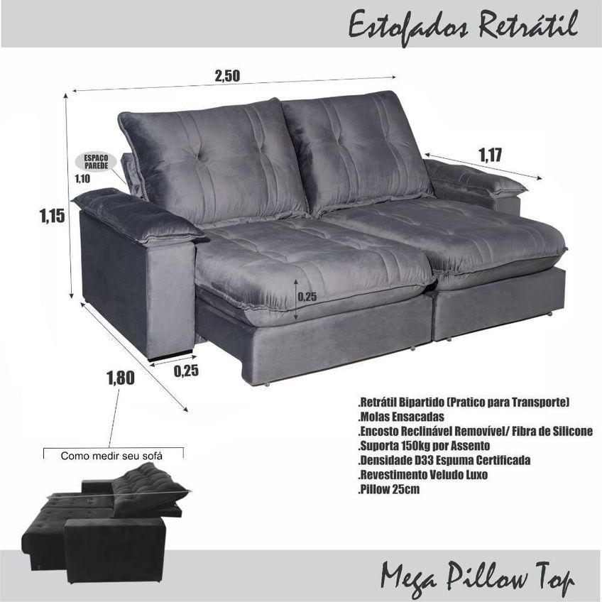 Sofá Com Chaise Zyan 4 Lugares Retrátil E Reclinável 250cm Bege Veludo - imagem 3