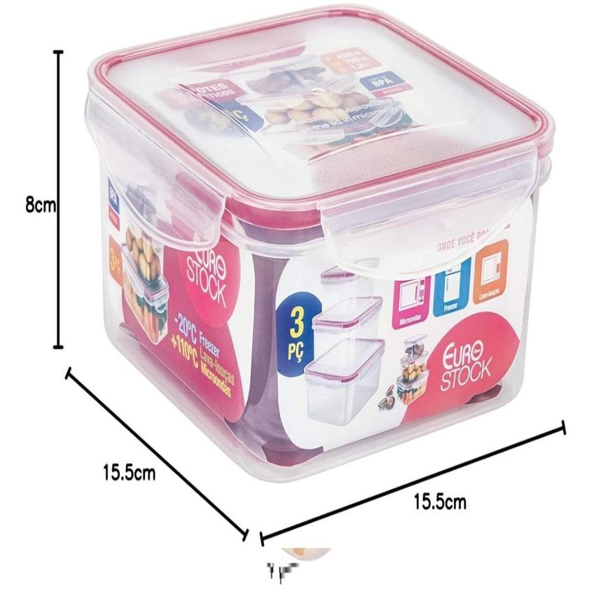 Kit 3 Potes Herméticos Quadrados Com Vedação Em Silicone Para Cozinha Transparente - imagem 3