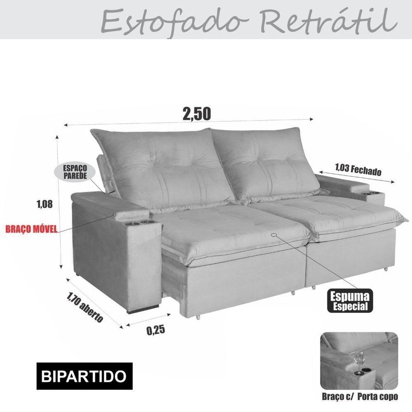 Sofá Com Chaise Ravi 4 Lugares Retrátil E Reclinável 250cm Bege Escuro Veludo Bom Pastor Móveis - imagem 3