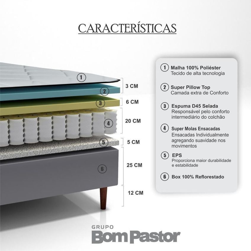 Colchão Solteiro Molas Ensacadas Vision D45 Pillow Top Americano Grafite Bom Pastor Móveis - imagem 3