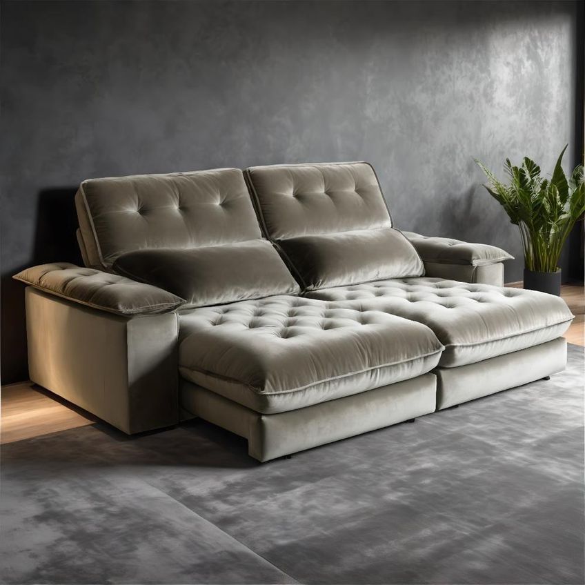 Sofá Com Chaise Girona 3 Lugares Retrátil E Reclinável 230cm Bege Escuro Veludo - imagem 3