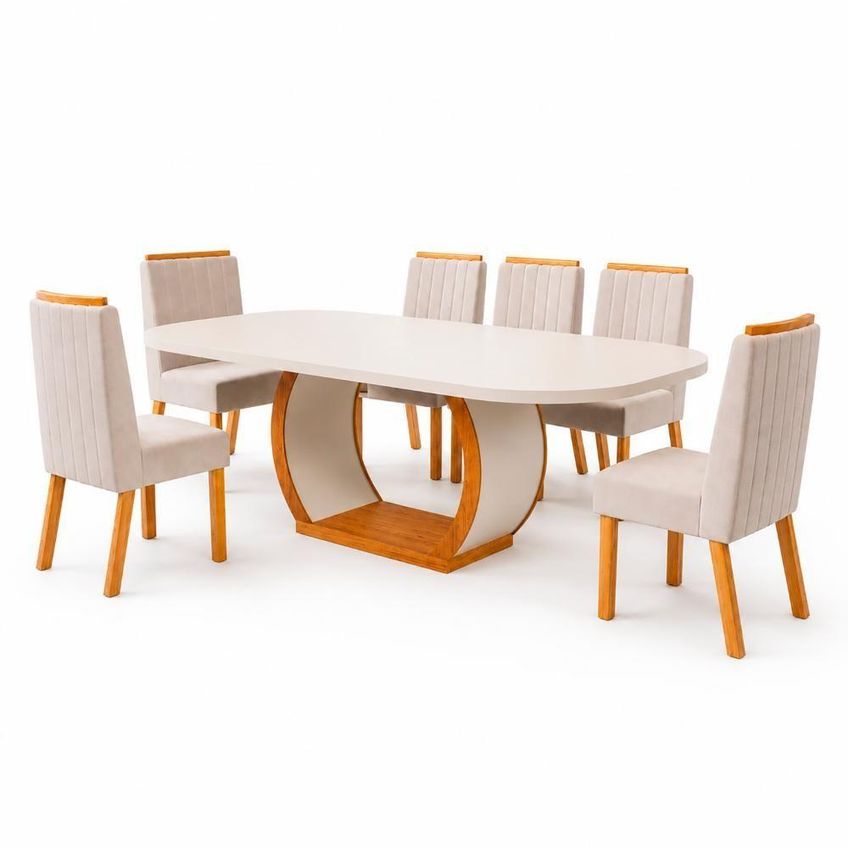 Conjunto De Jantar Olimpia 6 Cadeiras Tampo Mdf Veludo Bege 180cm Bom Pastor Móveis - imagem 4