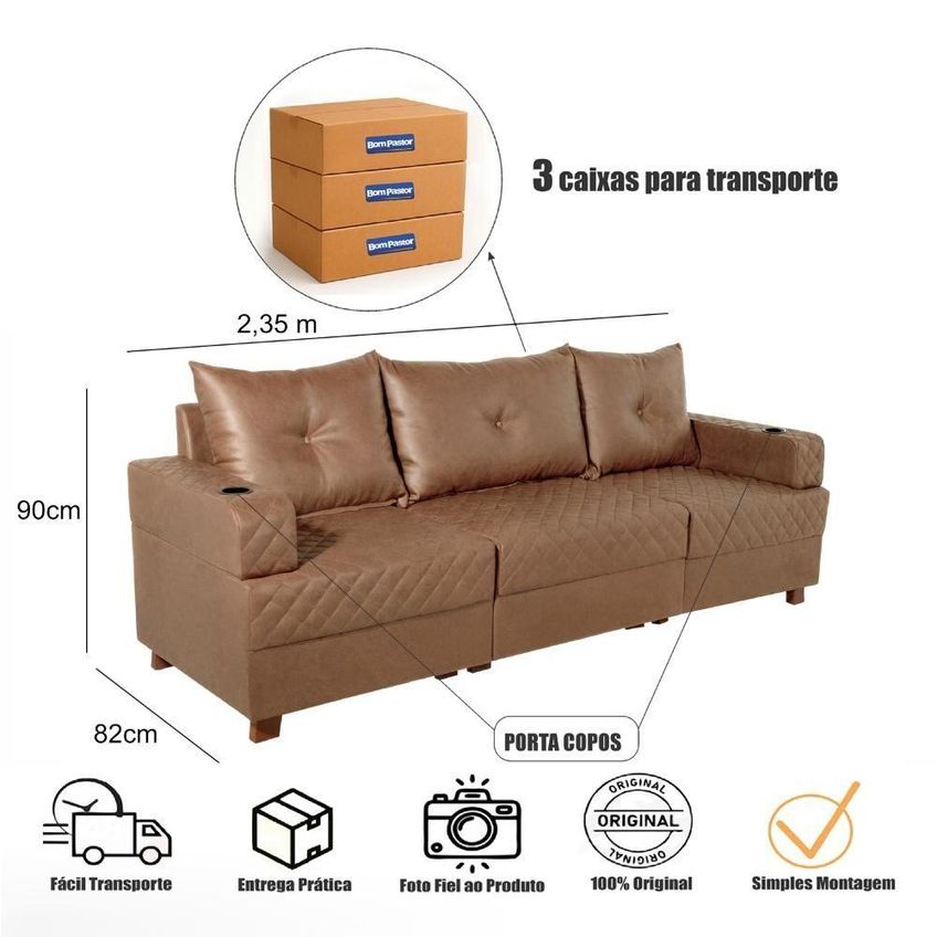 Sofá Essenza Living 3 Lugares Reclinável 235cm Café Veludo Pu Bom Pastor Móveis - imagem 3