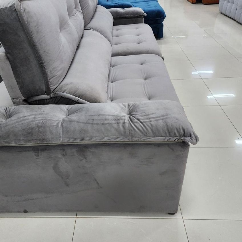 Sofá Com Chaise Girona 5 Lugares Retrátil E Reclinável 290cm Cinza Veludo Luxo - imagem 4