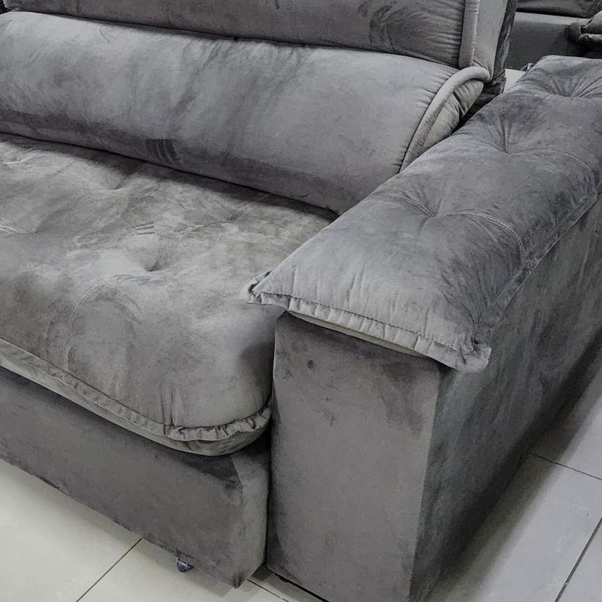 Sofá Com Chaise Girona 5 Lugares Retrátil E Reclinável 290cm Cinza Veludo Luxo - imagem 5