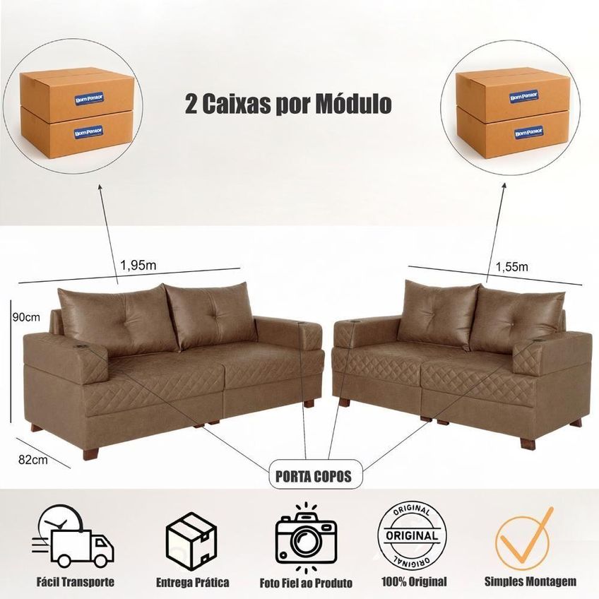 Sofá Essenza Bom Pastor 5 Lugares Reclinável 350cm Café Veludo PU - imagem 4
