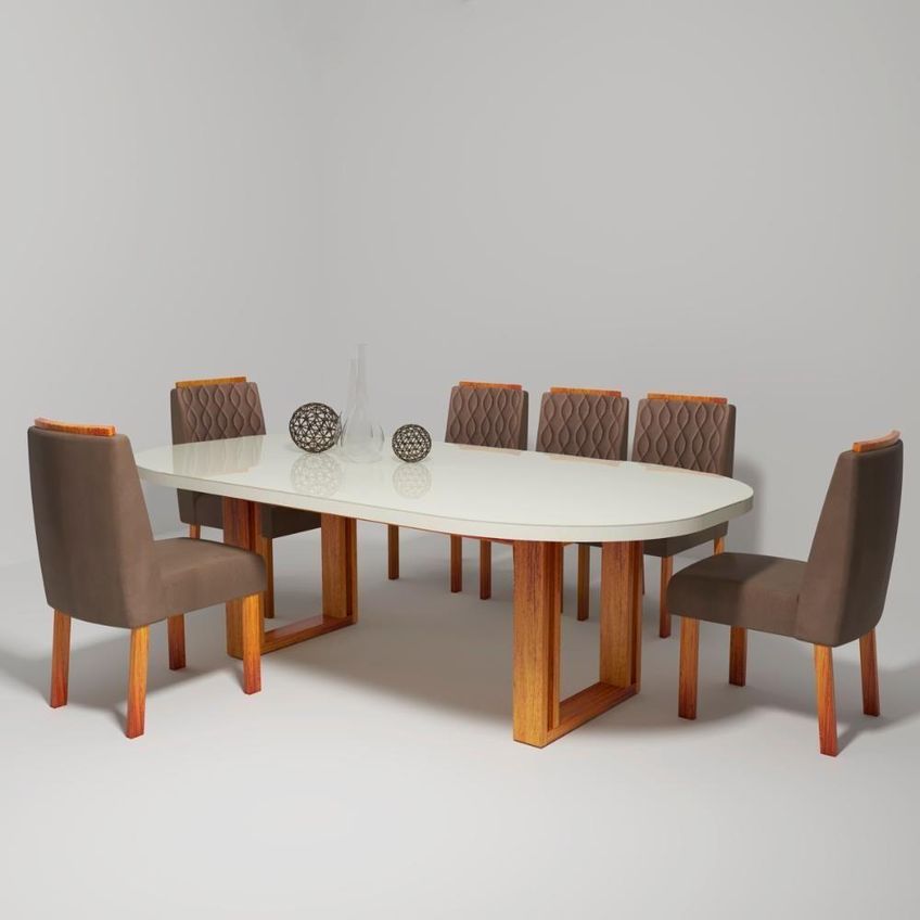Sala De Jantar Karen 6 Lugares Tampo Em Mdf Com Vidro Off-white Cadeiras Marrom Bom Pastor Móveis - imagem 3