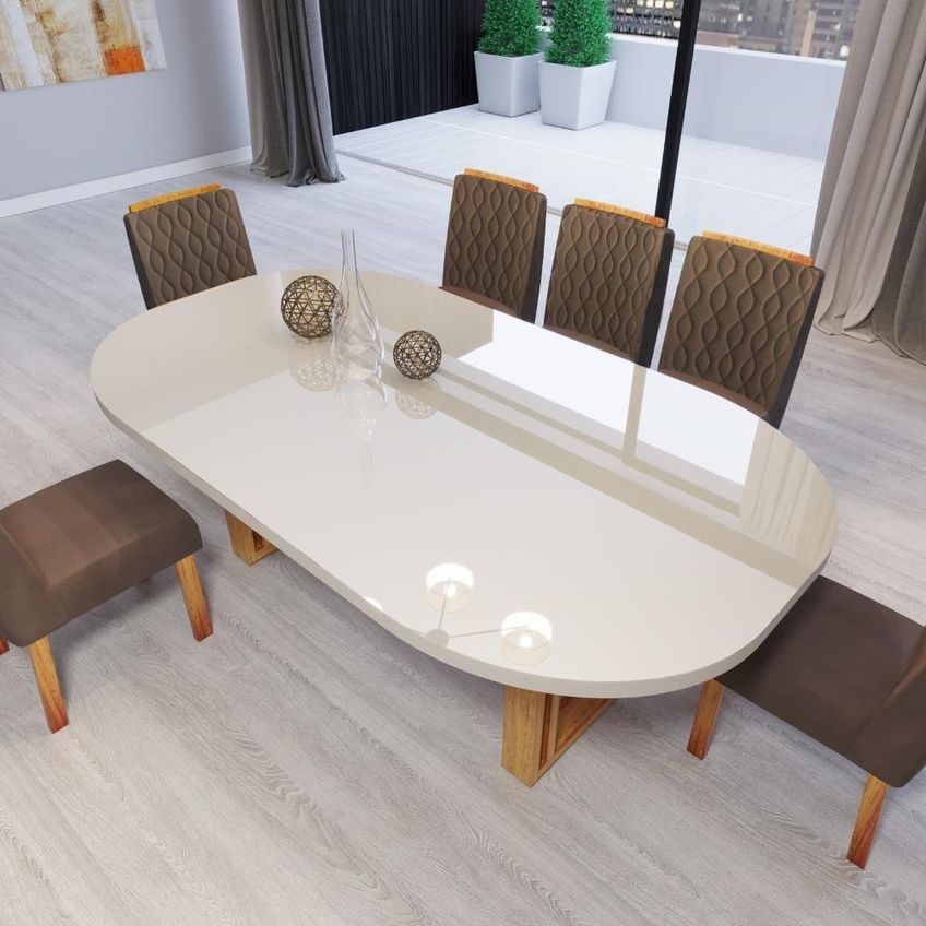 Sala De Jantar Karen 6 Lugares Tampo Em Mdf Com Vidro Off-white Cadeiras Marrom Bom Pastor Móveis - imagem 5