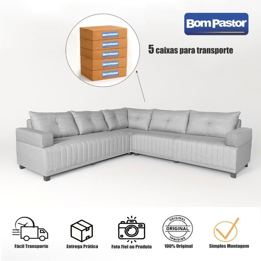 Sofá De Canto Leona Luxo 5 Lugares 257cm Bege Linho Bom Pastor - imagem 3