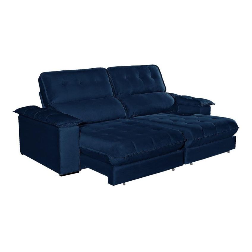 Sofá Com Chaise Girona 5 Lugares Retrátil E Reclinável 290cm Azul Veludo Luxo - imagem 3