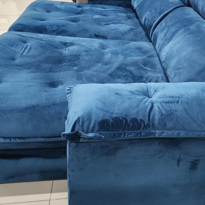 Sofá Com Chaise Girona 5 Lugares Retrátil E Reclinável 290cm Azul Veludo Luxo - imagem 4