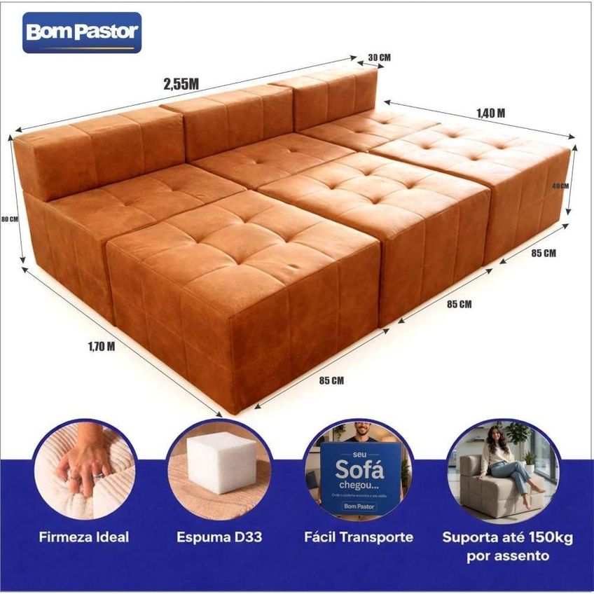 Sofá Modular Confort 5 Lugares Com Chaise 255cm Caramelo Bom Pastor - imagem 5