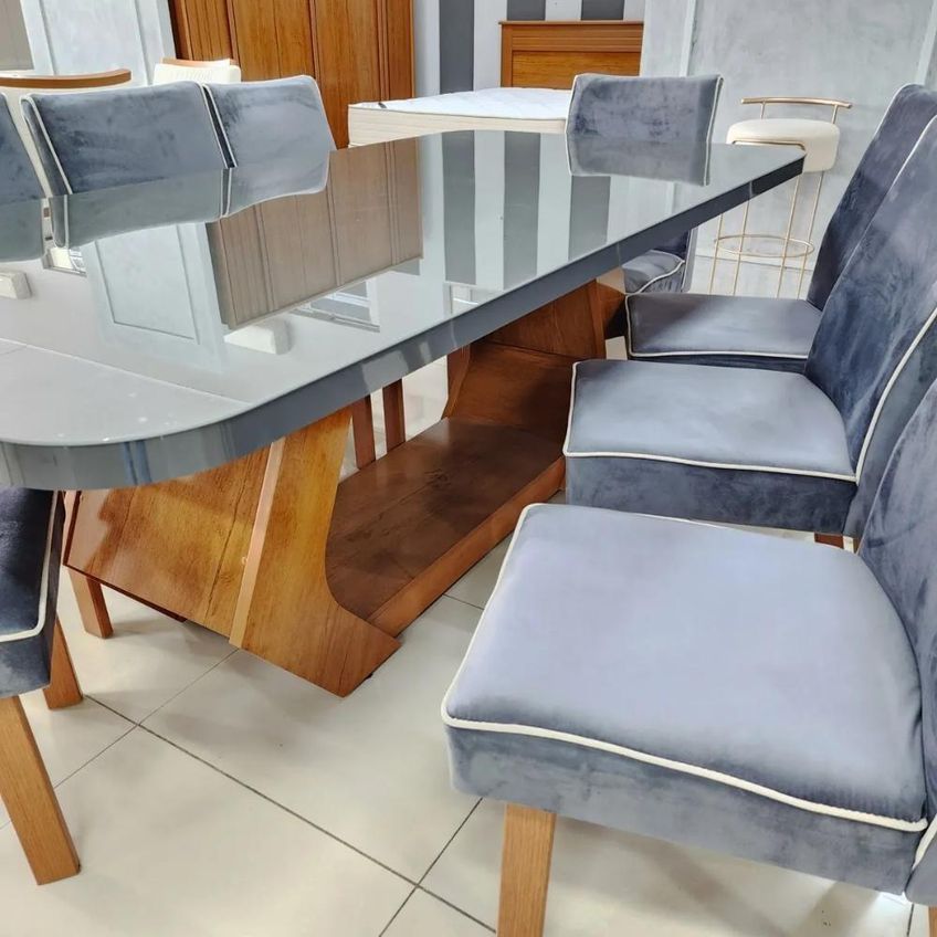 Sala De Jantar Lottus 8 Lugares Tampo Em Mdf Com Vidro Cadeiras Cinza 220cm Bom Pastor Móveis - imagem 3