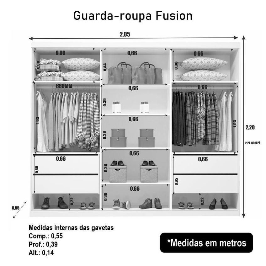 Guarda Roupa Casal Fusion Com Espelho 3 Portas De Correr 4 Gavetas MDF Branco Bom Pastor Móveis - imagem 3