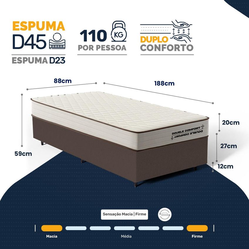 Cama Box Solteiro Com Colchão De Espuma D45 Double Comfort 88x188x59cm - imagem 3