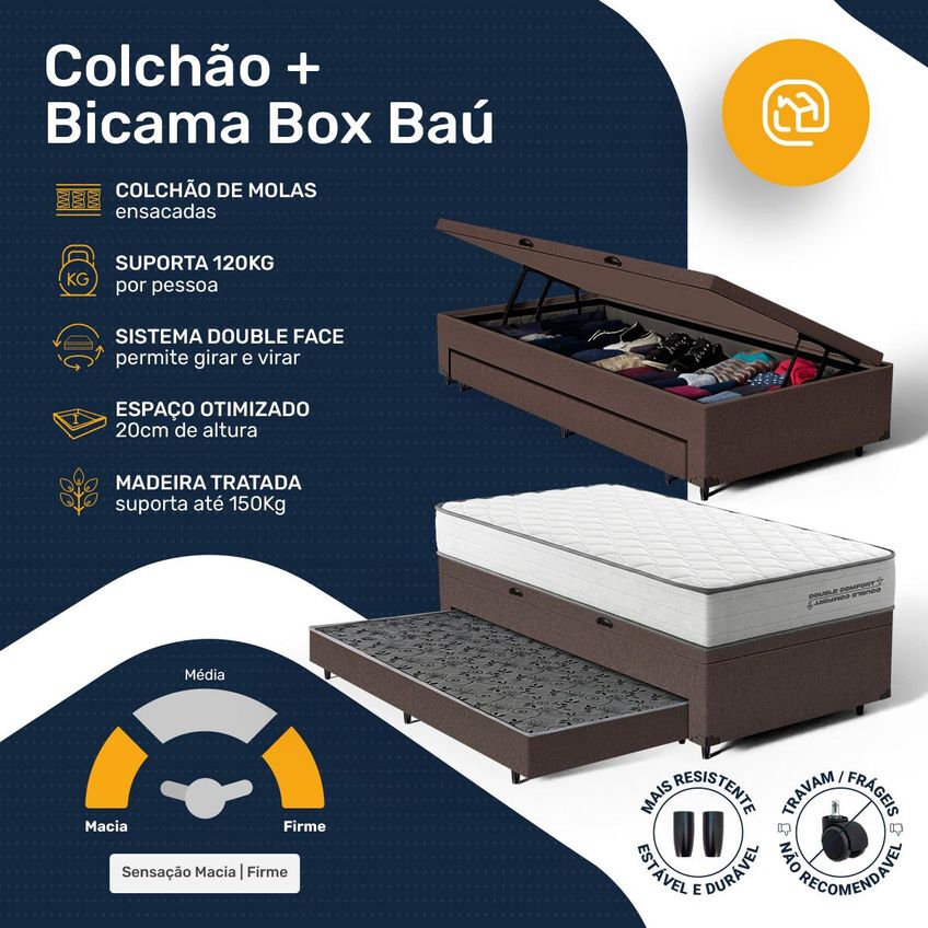 Cama Box Baú Solteiro Com Colchão De Molas Ensacadas Double Comfort Auxiliar 88cm - imagem 3