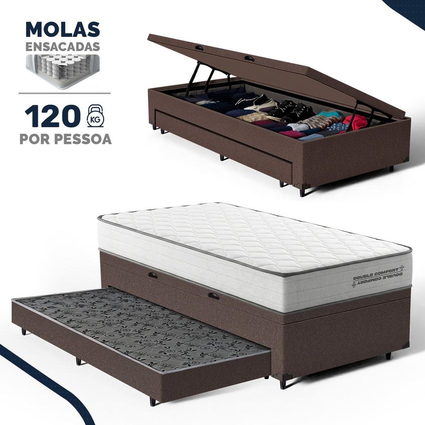 Cama Box Baú Solteiro Com Colchão De Molas Ensacadas Double Comfort Auxiliar 88cm - imagem 5