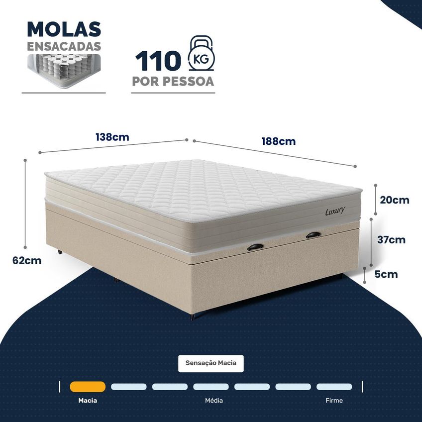 Cama Box Baú Casal Com Colchão De Molas Ensacadas Luxury 138x188x62cm - imagem 2