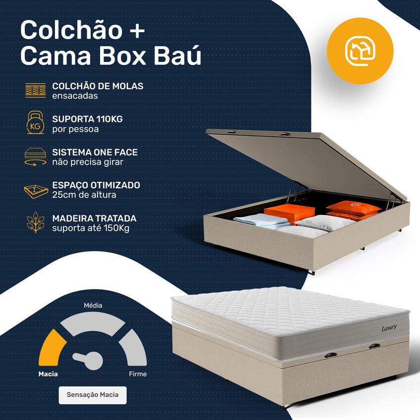 Cama Box Baú Casal Com Colchão De Molas Ensacadas Luxury 138x188x62cm - imagem 3