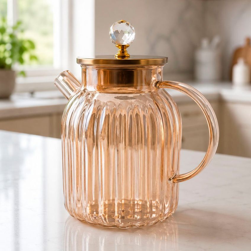 Bule Chaleira Jarra Vidro Âmbar Tampa Bambu Decorativa 1,8l - imagem 2