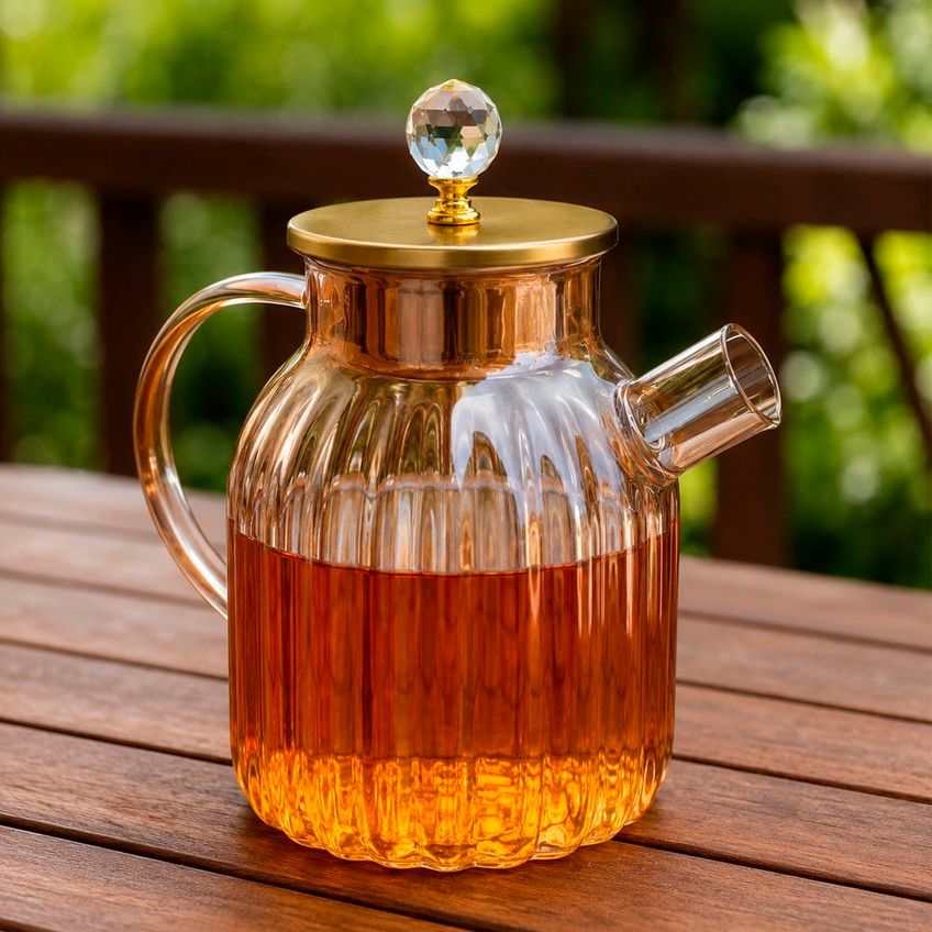 Bule Chaleira Jarra Vidro Âmbar Tampa Bambu Decorativa 1,8l - imagem 3