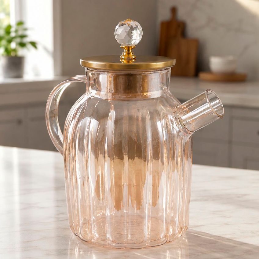Bule Chaleira Jarra Vidro Âmbar Tampa Bambu Decorativa 1,8l - imagem 4