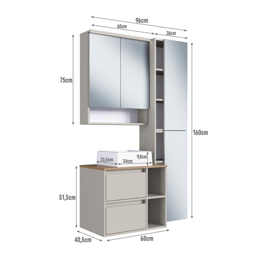 Conjunto Banheiro Gabinete Com Cuba Espelheira Armários LED 96cm Multimóveis CRPRO-CON032 Arenas - imagem 3
