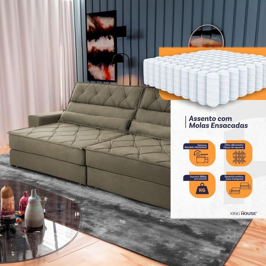 Sofá Retrátil Reclinável 3,00m Albany Suede Velut Marrom Claro Molas Ensacadas King House - imagem 4