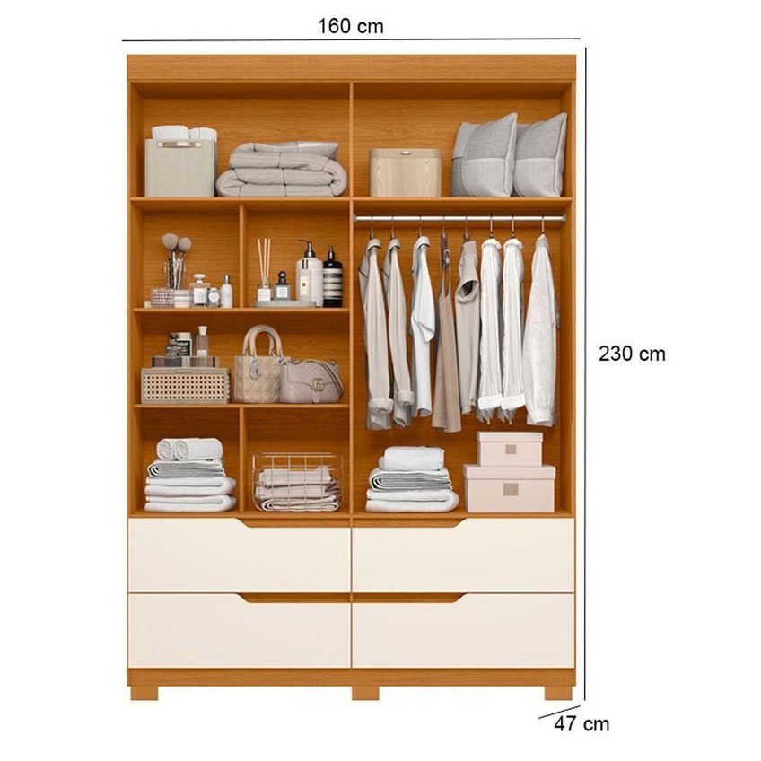 Guarda Roupa Solteiro Doble 4 Portas De Bater 4 Gavetas MDP Cômoda New Veneza Cinamomo E Off White - imagem 3